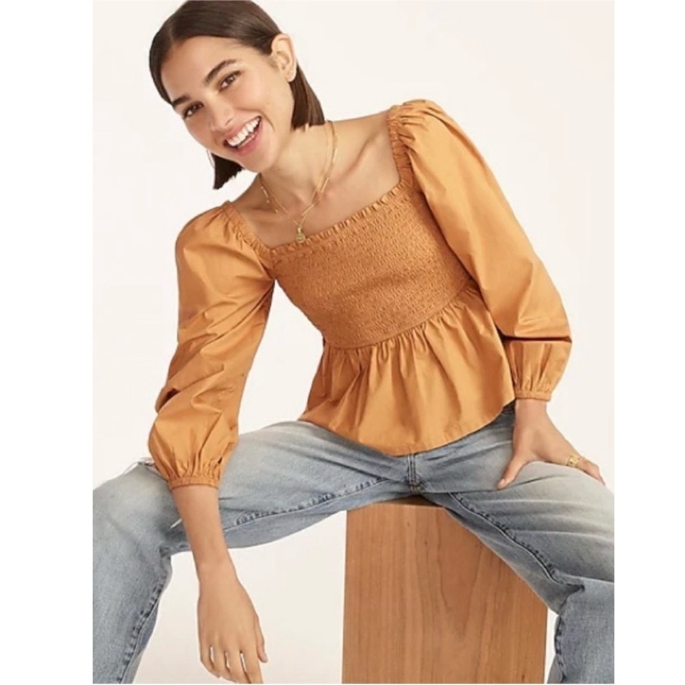 J. Crew Smocked Puff Sleeve Poplin Cotton Pullover Shirt Tan Small